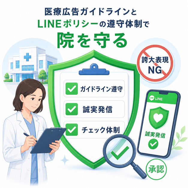 医療広告ガイドラインとLINEポリシーを守るため、誠実発信とチェック体制でクリニックを守る様子を示したイラスト