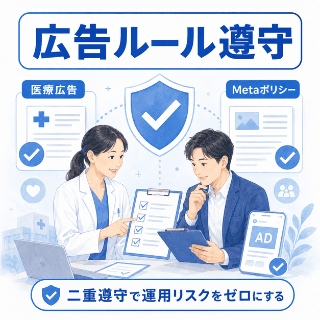 医師と運用担当者が医療広告ガイドラインとMeta広告ポリシーをチェックし、安全な広告運用を確認しているイラスト