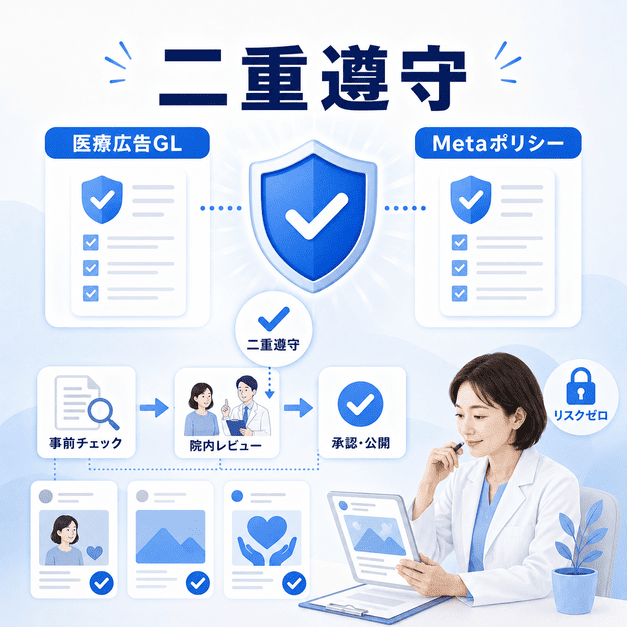 医療広告ガイドラインとMetaポリシーを確認しながら安全にSNS投稿を運用するチェック体制の図解