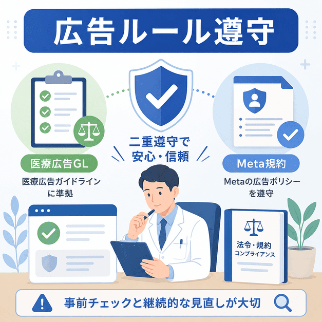 医療広告ガイドラインとMeta規約を確認しながら安全に広告運用する医師のイラスト
