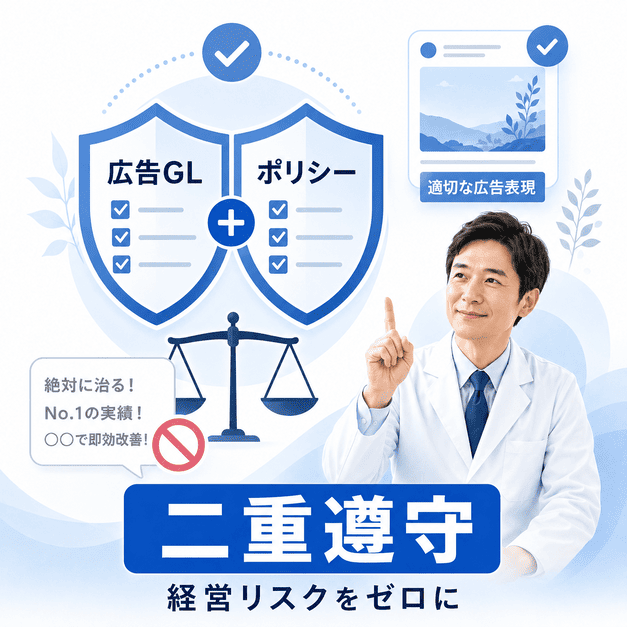 医療広告ガイドラインとMeta広告ポリシーの二重遵守でリスクを防ぐ様子を示した図解