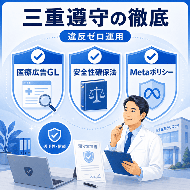 医療広告ガイドライン、再生医療等安全性確保法、Metaポリシーの三重遵守を表したコンプライアンスイラスト