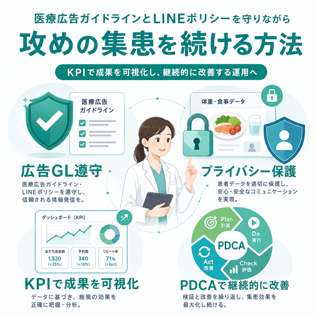 医療広告ガイドライン遵守、患者データのプライバシー保護、KPI管理とPDCA改善を示したイラスト