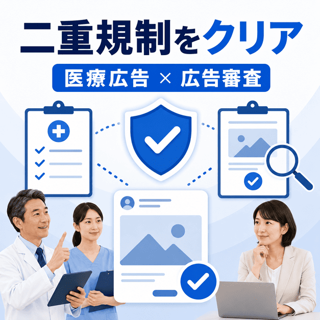医療広告ガイドラインと広告審査の二重規制をチェックしながら安全に運用する様子を表したイラスト