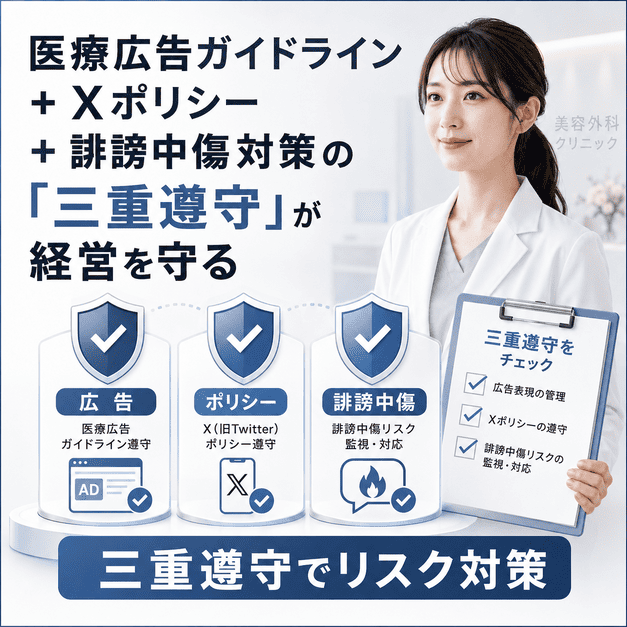 医療広告ガイドライン、Xポリシー、誹謗中傷対策の三重遵守で経営リスクを防ぐイラスト