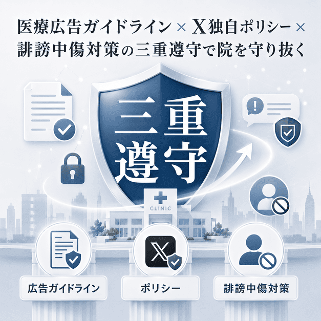 医療広告ガイドライン、Xポリシー、誹謗中傷対策を三重に遵守してクリニックを守るイメージ