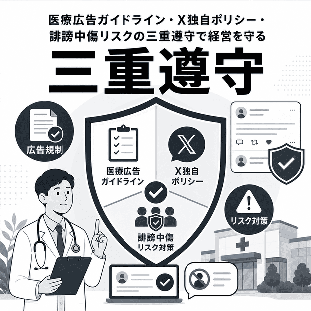 医療広告ガイドライン、X独自ポリシー、誹謗中傷リスクを三重に管理するイメージ