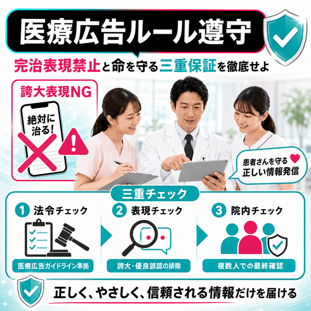 医師とスタッフが医療広告ガイドラインに沿って誇大表現を避け、投稿前に三重チェックする様子