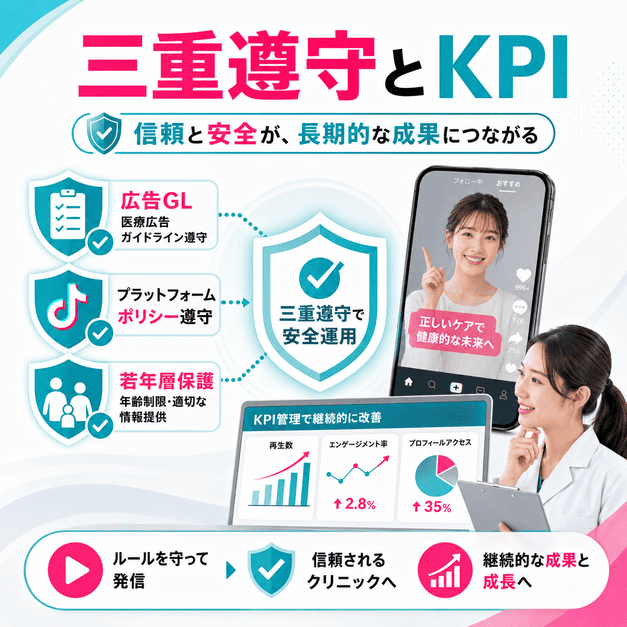 医療広告ガイドライン、TikTokポリシー、若年層保護を確認しながらKPI管理を行うイメージ