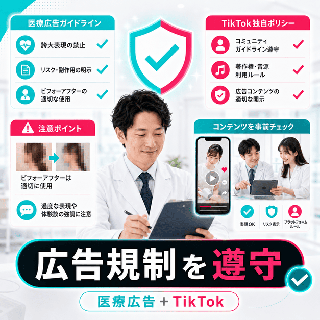 医療広告ガイドラインとTikTok独自ポリシーを確認しながら、配信内容を事前チェックする様子を示したイラスト