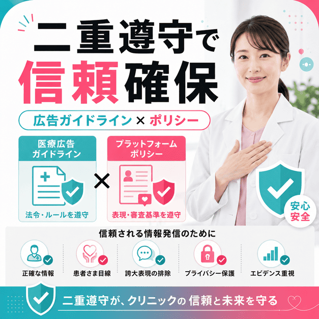 医療広告ガイドラインとプラットフォームポリシーを二重に守り、信頼を確保するイメージ