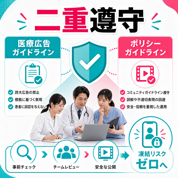 医療広告ガイドラインとTikTokポリシーを二重に確認し、安全に動画を公開する流れを表したイラスト