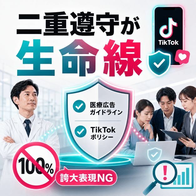 医療広告ガイドラインとTikTokポリシーを二重に遵守し、誇大表現を避ける運用体制を表したイラスト
