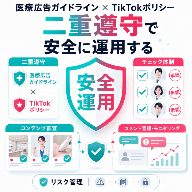 医療広告ガイドラインとTikTokポリシーを二重に確認し、安全に運用する体制を表したイラスト