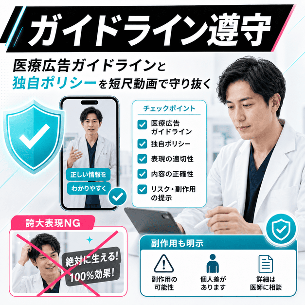 医療広告ガイドラインとTikTok独自ポリシーを守り、誇大表現を避けて副作用も明示する様子を表したイラスト