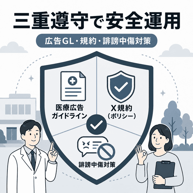 医療広告ガイドライン、X規約、誹謗中傷対策を三重に守りながら安全に運用するイラスト