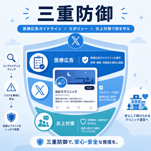 医療広告ガイドライン・Xポリシー・炎上対策の三重防御で睡眠外来の発信を守るイメージ