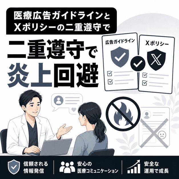 医療広告ガイドラインとXポリシーを確認し、炎上リスクを避けながら安全に情報発信する様子