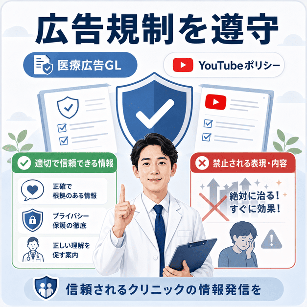 医療広告ガイドラインとYouTubeポリシーを守り、正確で信頼できる医療情報を発信する医師のイラスト