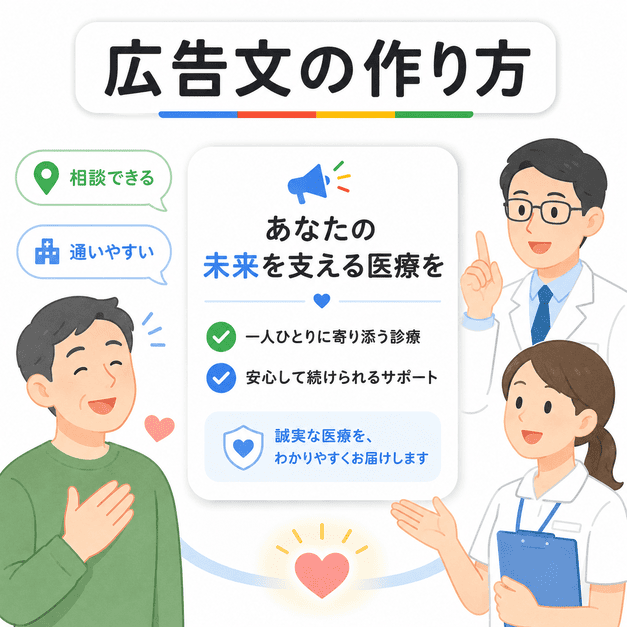 生活習慣病・禁煙外来の広告文で、相談しやすさや通いやすさを誠実に伝える作り方を示したイラスト