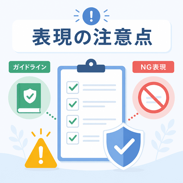 健診・人間ドック広告で医療広告ガイドラインを守り、NG表現を避けるための注意点を示したイラスト