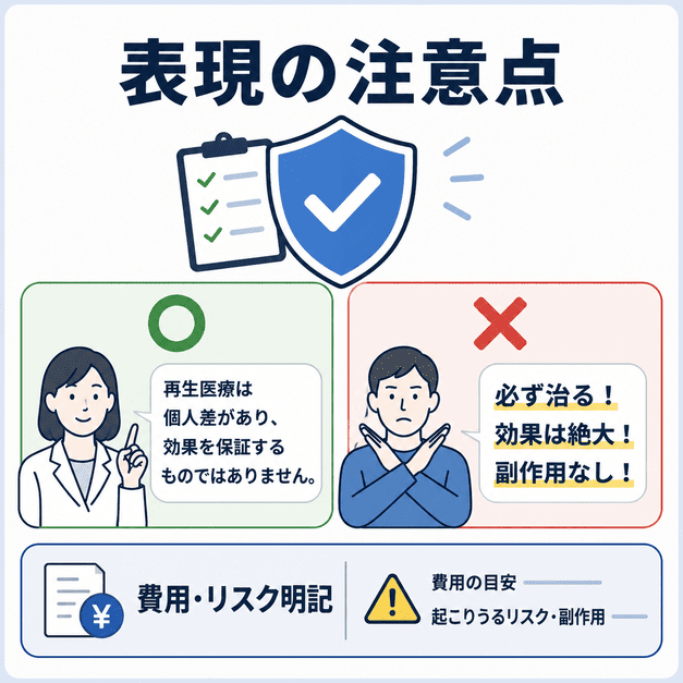 再生医療広告で断定表現を避け、費用やリスクを明記する医療広告表現の注意点を示したイラスト