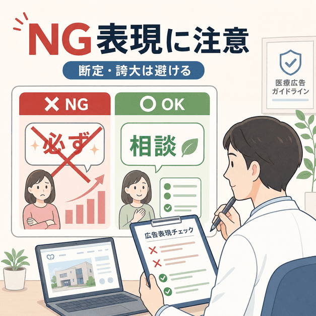 医療広告ガイドラインを踏まえ、断定表現や誇大表現を避けて広告文を確認する医師のイラスト