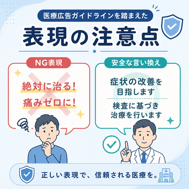 医療広告ガイドラインに沿ってNG表現と安全な言い換えを比較した整形外科広告表現の注意点イラスト