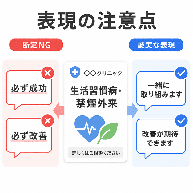 医療広告ガイドラインを踏まえ、断定表現を避けて誠実な表現に言い換える注意点を示した図解