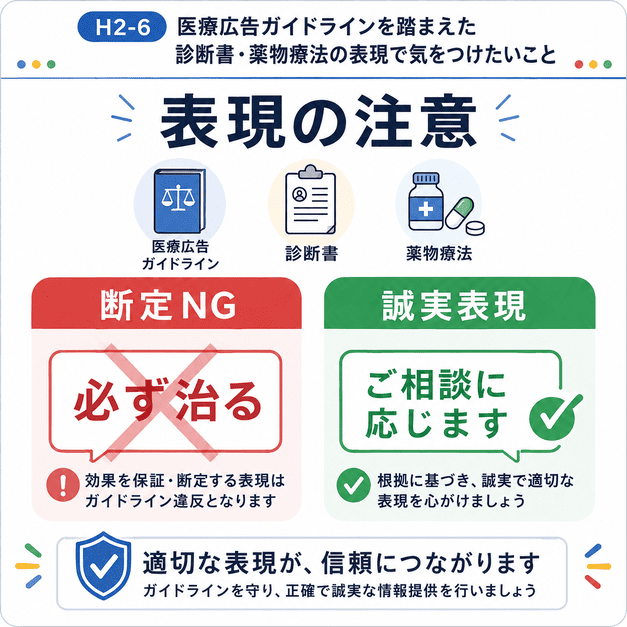 医療広告ガイドラインに沿って診断書や薬物療法の表現に注意するポイントを示したイラスト
