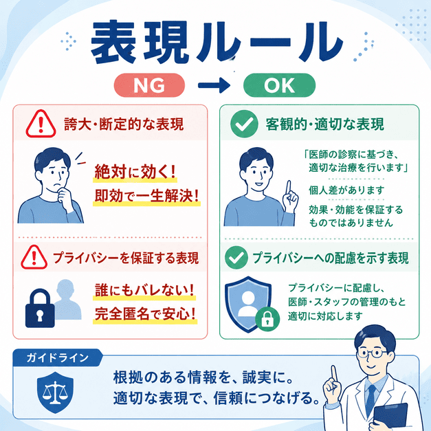 医療広告ガイドラインを踏まえ、NG表現を客観的で適切な表現へ言い換えるルールを示したイラスト