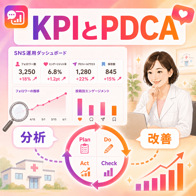 医療広告ガイドライン遵守とKPI設計、PDCA改善でInstagram集患を安全に育てるイラスト