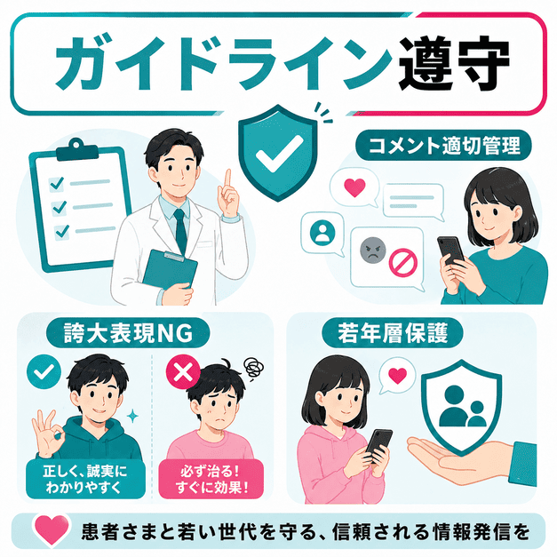 医療広告ガイドラインとTikTok独自ポリシーを守り若年層を保護する運用ルールの図解