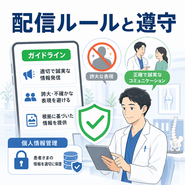 医療広告ガイドラインやLINEポリシーを守り、誠実な情報発信と個人情報管理を行う整形外科配信ルールのイラスト