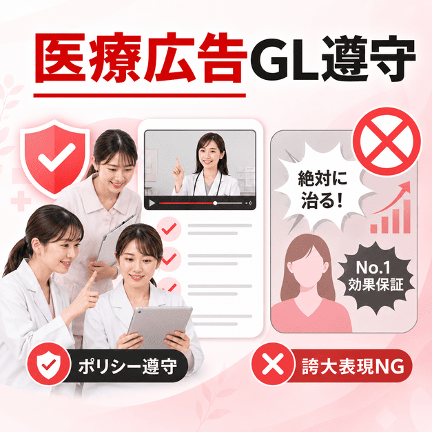医療広告ガイドラインとYouTubeポリシーを守り、誇大表現を避けて誠実に動画配信する様子