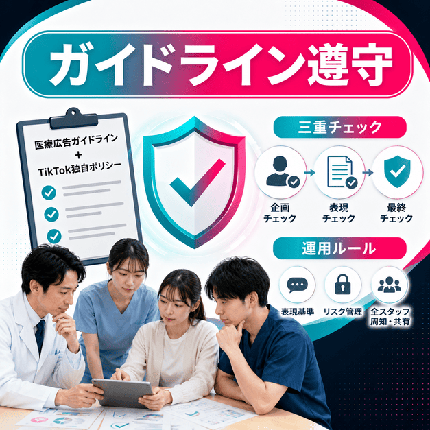 医療広告ガイドラインとTikTok独自ポリシーを守るため、医師やスタッフが三重チェックを行う様子を示したイラスト