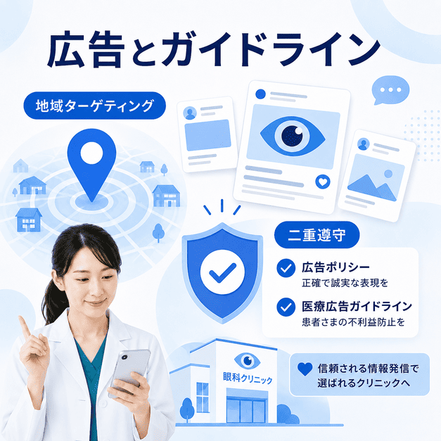 眼科クリニックのFacebook広告で地域ターゲティングと医療広告ガイドライン遵守を両立する様子を示す画像