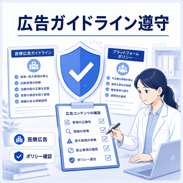 乳腺外科クリニックのFacebook運用で医療広告ガイドラインとプラットフォームポリシーを確認するイラスト