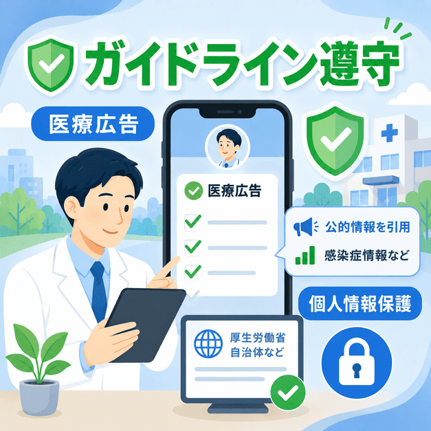 医療広告ガイドラインや個人情報保護を確認しながらLINE配信を行う総合内科クリニックの様子を表したイラスト