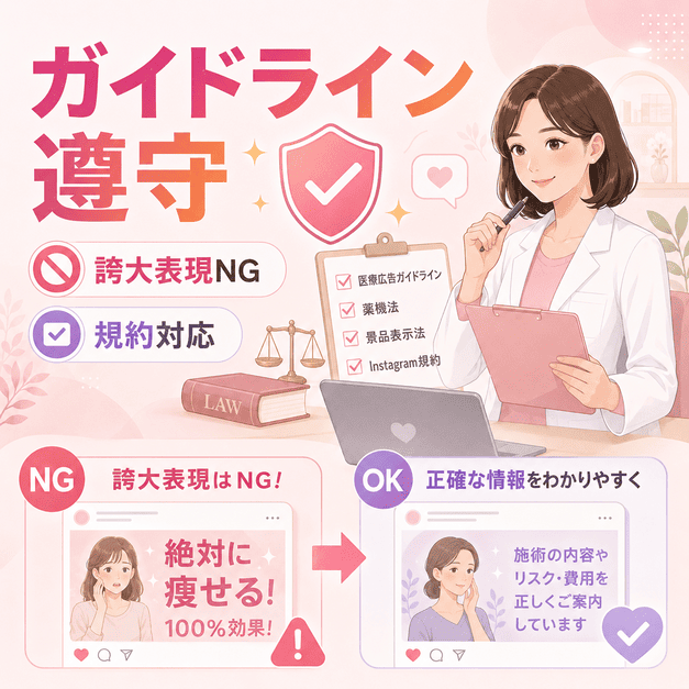 医療広告ガイドラインやInstagram規約を守り、誇大表現を避けて正確な情報発信を行う様子を表したイラスト