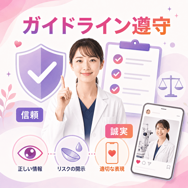 医療広告ガイドラインとSNSポリシーを守り、正しい情報発信と信頼を重視する眼科クリニックのイラスト