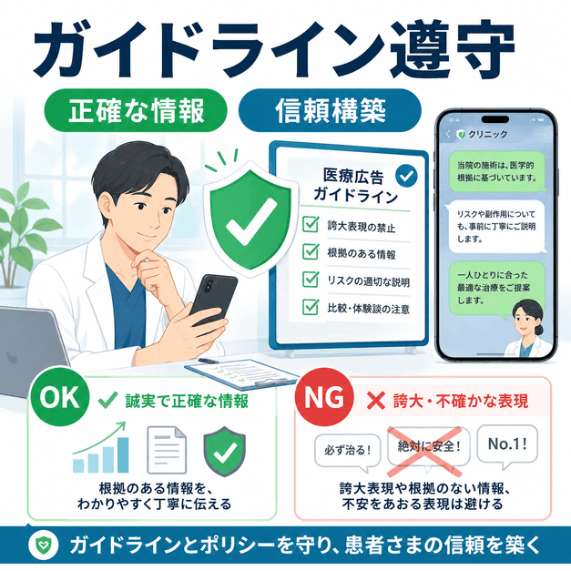 医療広告ガイドラインとLINEポリシーを守り、正確な情報発信で患者の信頼を築く様子を示したイラスト