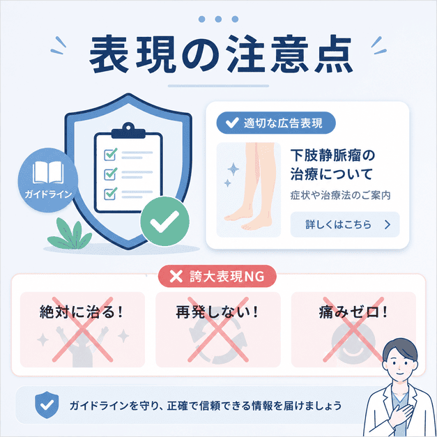 下肢静脈瘤広告で医療広告ガイドラインを守り誇大表現を避けるポイントを示したイラスト