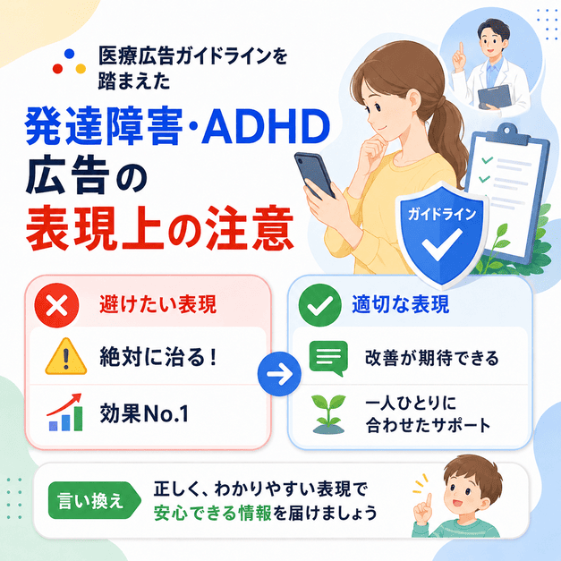 医療広告ガイドラインを踏まえ、発達障害やADHD広告で避けたい表現を適切に言い換えるイラスト