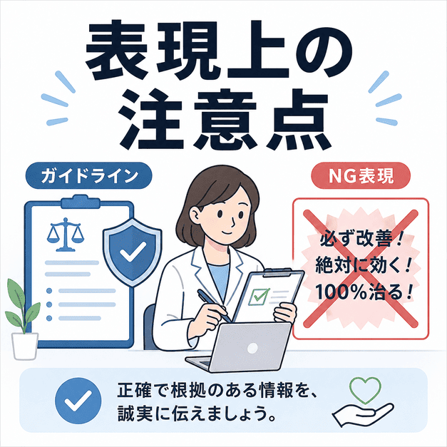 医療広告ガイドラインに沿って、心療内科広告のNG表現を避ける注意点を示したイラスト