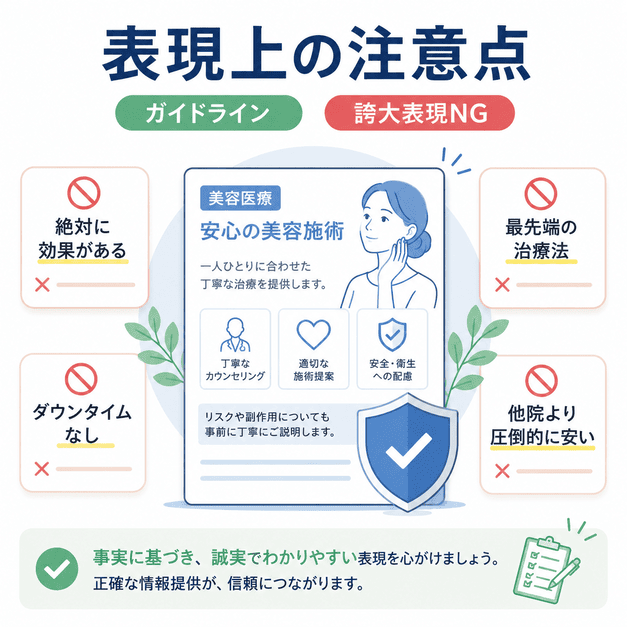 医療広告ガイドラインを踏まえ、誇大表現を避けて事実に基づく表現を行う注意点を示したイラスト