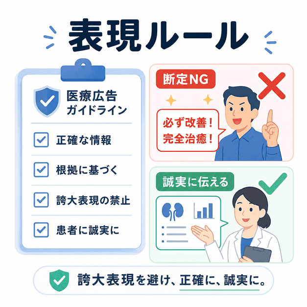 医療広告ガイドラインに配慮し、断定表現や誇大表現を避けて正確に伝える表現ルールを示した図解