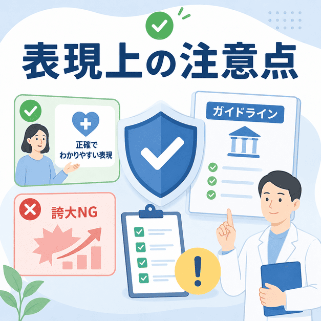 医療広告ガイドラインに沿って、がん検診広告の誇大表現を避ける注意点を示したイラスト