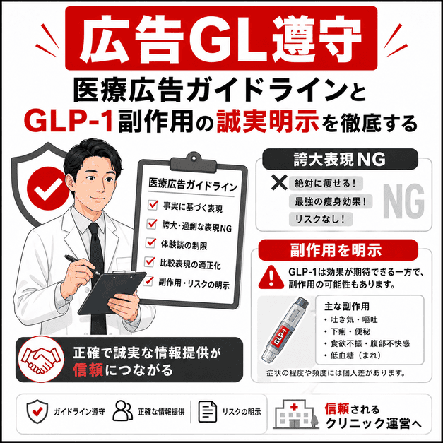 医療広告ガイドラインを守り、GLP-1の副作用やリスクを誠実に明示するチェック体制