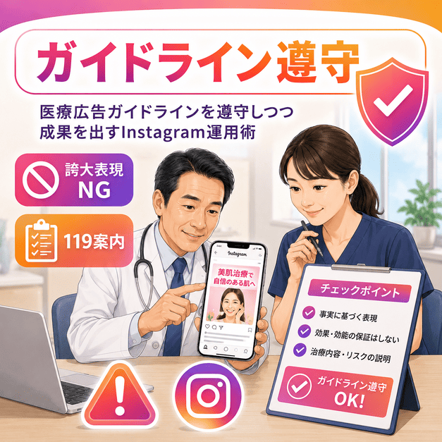 医師とスタッフが医療広告ガイドラインを確認しながらInstagram投稿を運用する様子